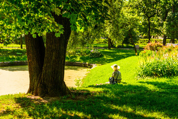 Woman in a hat sits on the shore of a pond in the park on a sunny morning in the shade of a tree