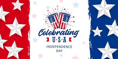 Obraz premium Simple Celebrating USA Independence day design with Beer and fireworks, on red and blue color brushstroke, grunge, vintage background with star, promotion advertising banner template. 