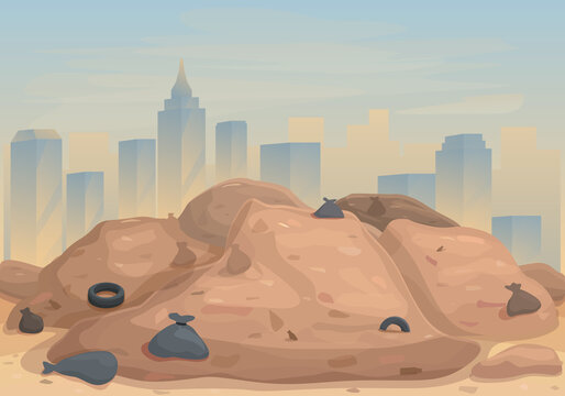 garbage dump on the background of the city panorama, vector illustration