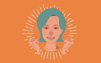 笑顔でガッツポーズをする若い女性