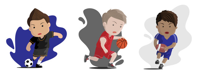 Kids playing sports, football, basketball, rugby, flat design character, cute boys and sports they love 