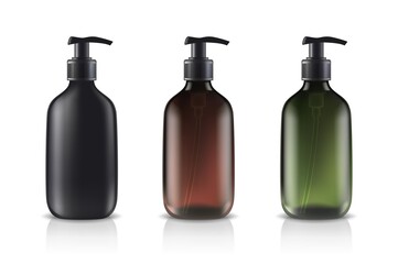 3d realistic vector glass cosmetic bottles in different colors.