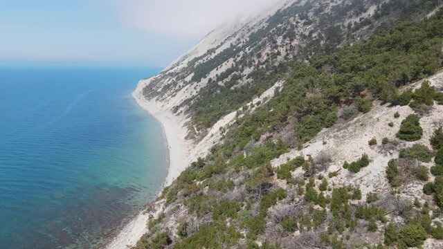 Aerial view of coastline with blue sea and highest cliff with pine trees. Summer day on Black sea
