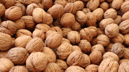 Natural Walnuts with shell background pattern texture. Background of fresh walnuts in shell. Lots of Walnuts with shell at the market in Istanbul