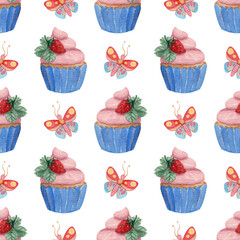 Bright seamless watercolor pattern with butterflies, strawberries and cupcakes