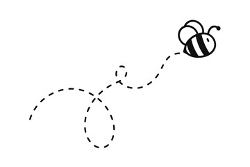 Bee flying path. A bee flying in a dotted line The flight path of a bee to honey. - obrazy, fototapety, plakaty