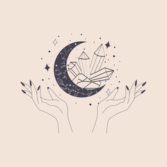 Boho mystical mudra hands, celestial symbols of moon with crystal and stars. Magical line hands. Witch mystical symbol, witchcraft vector illustration icon. Magic spiritual witchcraft, mystic esoteric