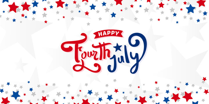 Happy 4th of July united states of America independence day with colorful lettering, engraved stars and confetti design on red, blue and white starburst abstract background, template for banner.