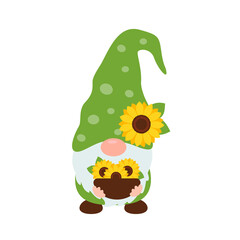 Sunflower gnomes. Vector gnomes wearing bees holding sunflowers.