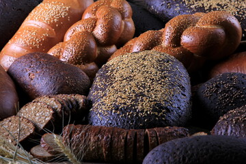 Still life with different types of bread: black, rye, white bread, bread with seeds. bread and wheat ears. 