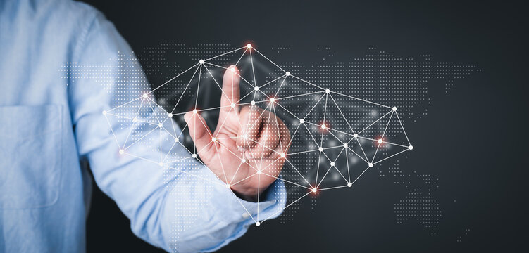 Business hand touching screen technology network connection background diagram on world map copy space creative innovation digital data global internet connection business concept background.