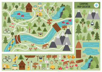 Camping map creator. Set of flat cartoon elements for constructing summer camp activity. Vector nature clip art with mountains, waterfall, trees, forest animals for hiking or campfire plan. .