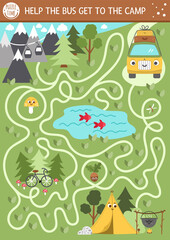 Summer camp maze for children. Active holidays preschool printable activity. Family nature trip labyrinth game or puzzle with cute kawaii bus going to the camp, mountains and forest.
