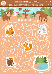 Fototapeta premium Summer camp maze for children. Active holidays preschool printable activity. Family nature trip labyrinth game or puzzle with cute hiking animals going to the lake and forest.