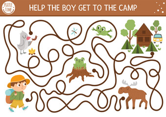 Summer camp maze for children. Active holidays preschool printable activity. Family nature trip labyrinth game or puzzle with cute hiking kid and forest animals. Help the boy get to the camp.