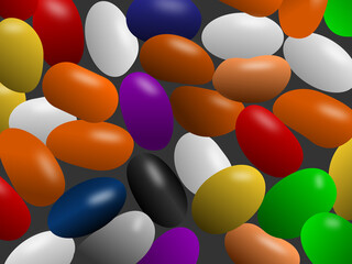 Several different colors of candy with orange, red, purple, white, green, yellow, and black as abstract background.