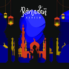 Set of two vector flat illustration ramadan kareem with cut out paper 3d style drawing man praying. Perfect for greeting card, poster, banner, flyer, social media post, feed, story, fleet.