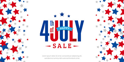 Happy 4th of July sale, discount, offer lettering colorful design on red, blue, and white starburst abstract background, template. Vector illustration.
