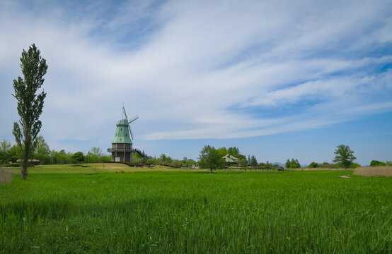 A windmill and a vacant land with grass with blue sky and cloud in Kasumigaura, Ibaraki, Japan. April 22, 2021.