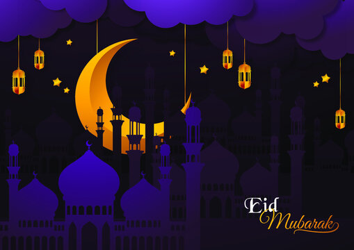Cut out paper 3d image styled vector illustration mosque, moon, star, and cloud with eid mubarak theme. Perfect for greeting card, poster, banner, flyer, social media post, feed, story, fleet.
