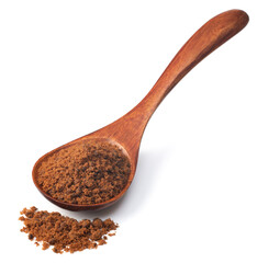 brown sugar in the wooden spoon, isolated on white background