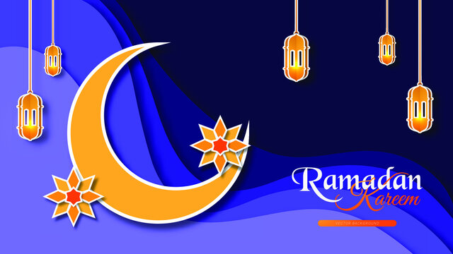 Cut out paper 3d image styled vector illustration mosque, moon, star, and arab lamp with ramadan kareem theme. Perfect for greeting card, poster, banner, flyer, social media post, feed, story, fleet.