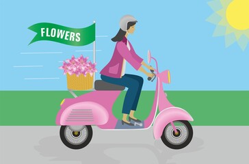 Fototapeta na wymiar Woman riding on pink scooter, flag with text Flowers and basket with pink flowers. Vector illustration. EPS10.