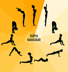 Yoga asana silhouette, sun salutation shadow yoga, vector illustration