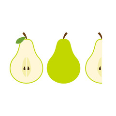 Whole, half, and cutted pear fruit. Vector pears. Cut green pear fruits, collection of vector illustrations. pear flat vector icon. Modern simple isolated sign. Natural healthy product