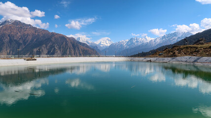 Beautiful Auli lake with snow cap Himalayas mountains in the backdrops Joshi math Uttarakhand 