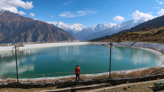 Beautiful Auli lake with snow cap Himalayas mountains in the backdrops Joshi math Uttarakhand 