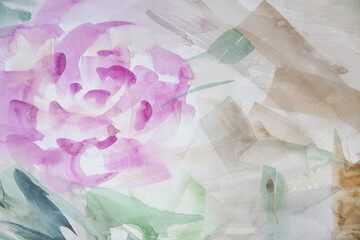 Abstract wallpaper with one bloom. Beautiful peony background with smudges and stains. Watercolor effortless illustration.