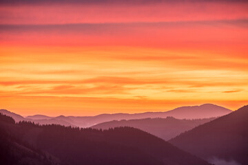Fototapeta na wymiar magenta sunset sunrise in Carpathian mountains
