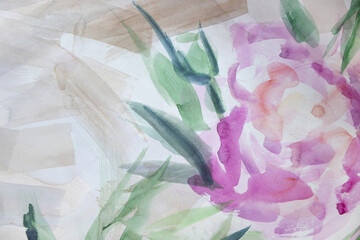 One beautiful peony bloom with bud. Background with smudges and stains. Lovely pastel colors watercolor illustration.