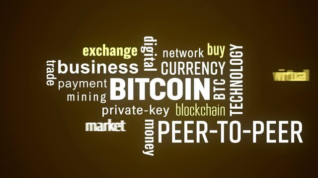 Video animation of bitcoin keyword cloud with white and orange text on dark background - Bitcoin - digital cryptocurrency