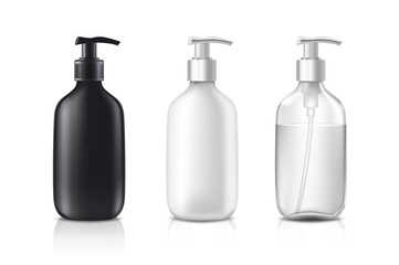 3d realistic vector cosmetic bottles in black, white and transparent glass.