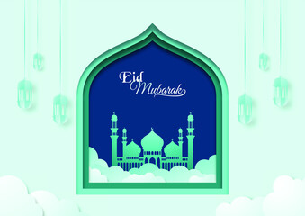 Cut out paper 3d image styled vector illustration mosque, moon, star, and cloud with eid mubarak theme. Perfect for greeting card, poster, banner, flyer, social media post, feed, story, fleet.