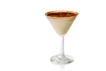 Cognac Alexander Cocktail with Creme de Cacao in martini glass isolated on white