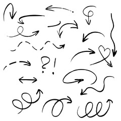 Set of black grunge hand drawn arrows isolated on white. Vector illustration