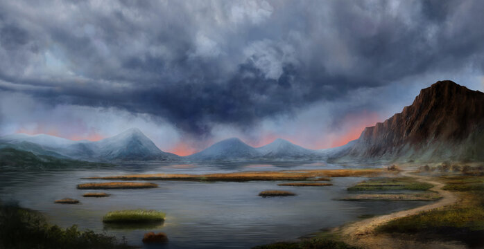 Fantasy landscape with lake and dramatic sky