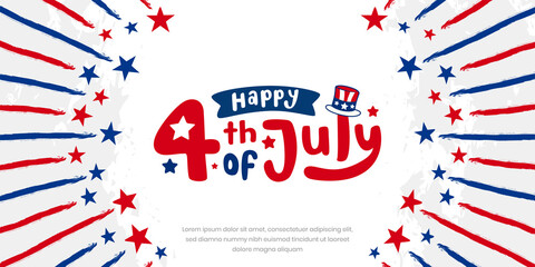 Obraz premium Happy 4th of July fluffy hand-lettering design with stars, American hat ribbon on starburst retro brush, grunge, vintage background.