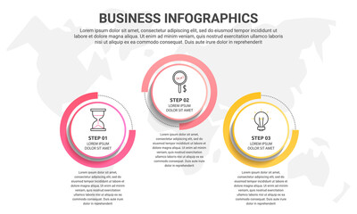 Vector flat infographic template with three circles, elements, sectors. Modern designed for business, presentations, timeline, web design, banner, levels, chart, interface 3 step diagrams