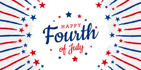 Happy Fourth of July trendy lettering design with stars on starburst retro brush, grunge, vintage background.