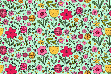 Seamless pattern with big set of various hand drawn simple floral doodles - flower, herb, branch, heart. Cute vector illustration bright ditsy background, spring summer flowers, limited color palette.
