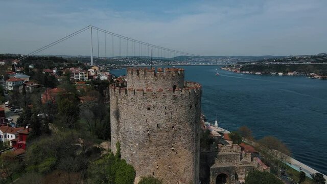 Rumeli Hisari Fortress in Istanbul. April 27 - 2021. View from the drone Full HD format. In sunny weather with a view of the Bosphorus. Rumelihisari also known as Bogazkesen Castle. Part1 