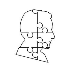 Black detailed mans face profile made up by six puzzles pieces on white