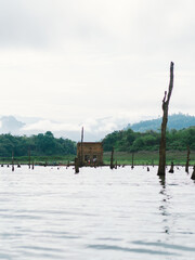 the historic site Wat Srisuwan with natural background it is a landmark and unseen Thailand at Sangkhla Buri District, Kanchanaburi province, Thailand's