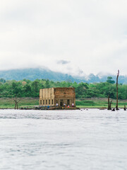 the historic site Wat Srisuwan with natural background it is a landmark and unseen Thailand at Sangkhla Buri District, Kanchanaburi province, Thailand's
