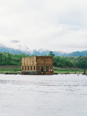 the historic site Wat Srisuwan with natural background it is a landmark and unseen Thailand at Sangkhla Buri District, Kanchanaburi province, Thailand's