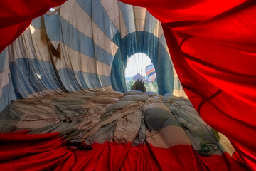 The inside of the balloon canopy, Turkey, Cappadocia, hot air balloons over the Cappadocia mountains, a popular destination for tourists. the photos were taken on May 21, 2018 in Cappadocia, Turkey